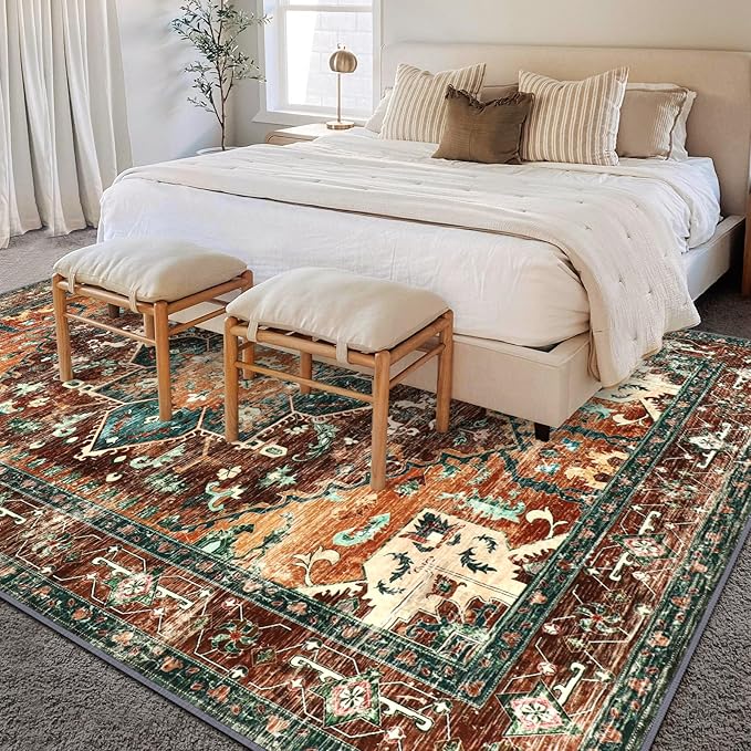 Yamaziot 8x10 Large Area Rug, Non-Slip Washable Boho Vintage Living Room Bedroom Rug with Rubber Backing, Low Pile Faux Wool Soft Distressed Rug Floor Carpet for Living Room, Bedroom
