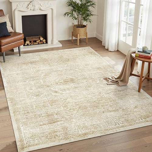 5x7 Area Rugs Beige Low Pile Indoor Washable Trendy Faded Style Floral Rugs for Bedroom Living Room Dining Room Foldable Non-Slip Thin Print Mat