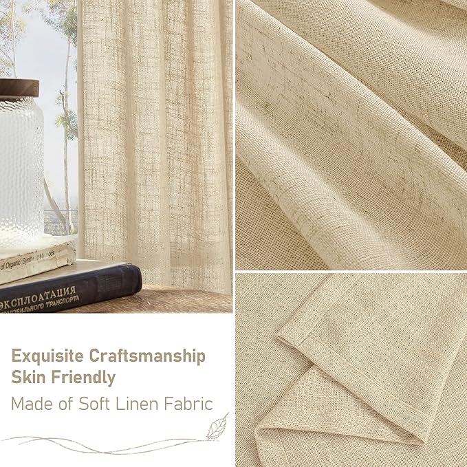 LAMIT Light Filtering Linen Curtains 72 Inches Long for Bedroom, Linen Textured Semi Sheer Back Tab and Rod Pocket Boho Drapes for Window/Living Room, Linen, 2 Panels, 34 x 72 Inch