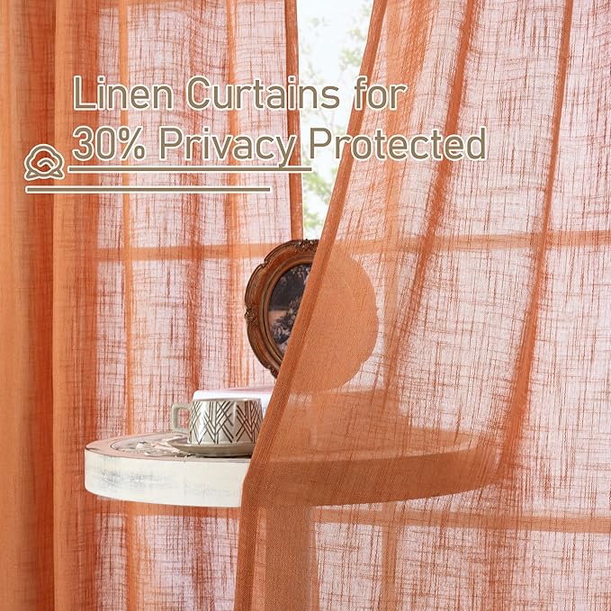 LAMIT Burnt Orange Linen Boho Curtains 80 inch Length 2 Panels, Light Filtering Semi Sheer Panels Back Tab and Rod Pocket Neutral Drapes for Bedroom/Living Room, 34 x 80 Inch