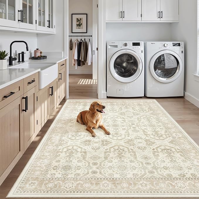 Soalmost 4x6 Area Rugs for Living Room, Vintage Washable Rugs for Dining Room, Bedroom, Home Office Decor, Non-Slip Beige/Brown Carpet Thin Rug