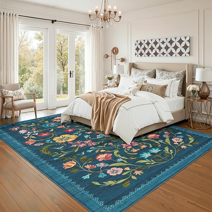 GarveeHome Washable Rug 3x5 Area Rugs for Living Room, Floral Rug for Bedroom, Soft Boho Non Slip Throw Rugs with Rubber Back, Low Pile Stain Resistant Vintage Floral Carpet for Dining Room, Blue