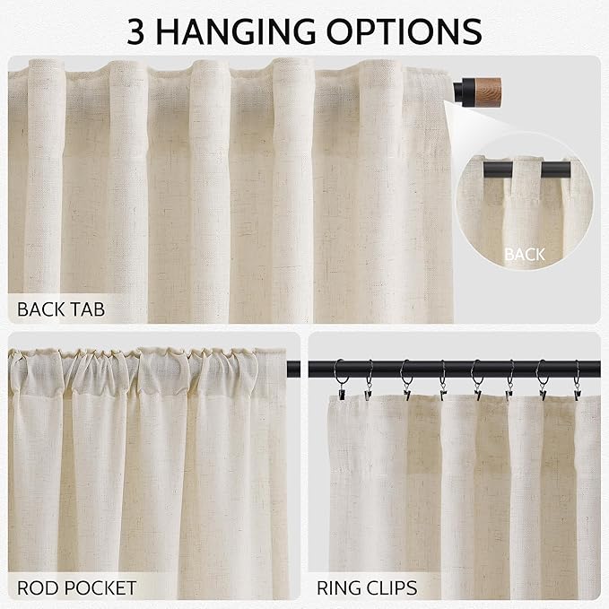 Nanspring Birch Beige Linen Curtains 84 Inches Long for Living Room Light Filtering Semi Sheer Curtain Back Tab Modern Farmhouse Decor Elegant Luxury Coastal Drapes for Bedroom Office 52x84,2 Panels