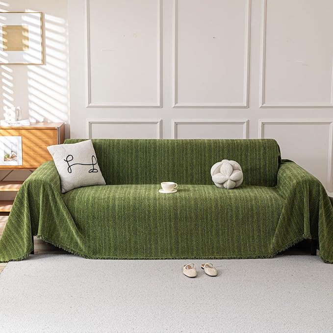 Boho Chenille Couch Cover for Dogs, Non Slip Sofa Cover, Couch Slipcover Covers for 3 Cushion, Furniture Protector with Tassels for Pets Washable, 91"x118", Fishbone Green