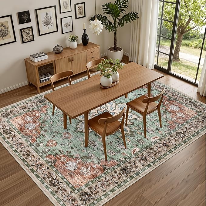 Area Rugs 9x12 Living Room Rug: Washable Rug Soft Vintage Distressed Floral Carpet Indoor Non-Slip Stain Resistant Large Carpets for Bedroom Dining Room Farmhouse Nursery Home Office Brown Green