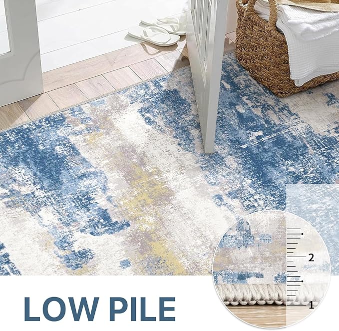 Runner Rug for Hallway Kitchen 2x6 Machine Washable Runners Rug for Entryway, Blue Cream Soft Modern Abstract Throw Rugs, Floor Carpet with Non Slip Rubber Backing