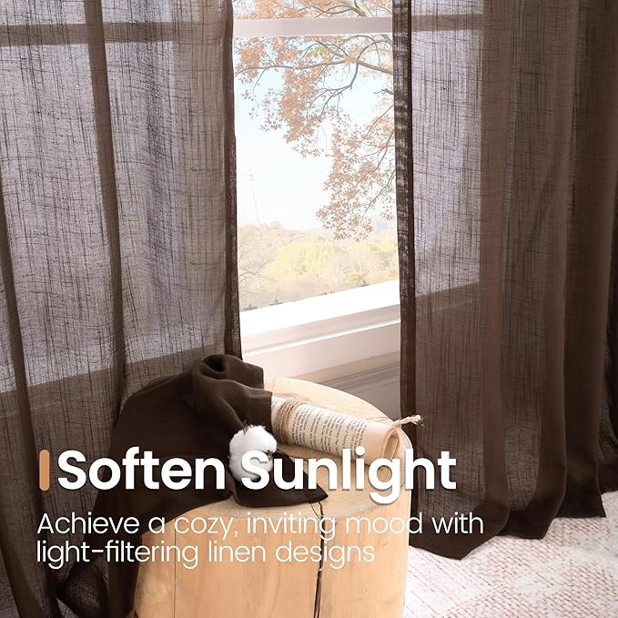 BGment Brown Linen Curtains 45 Inch Length for Window, Short Semi Sheer Drapes Light Filtering for Bedroom Kitchen Bathroom Decor Lightweight Rod Pocket, 2 Panels Set, Each 42 Inch Wide