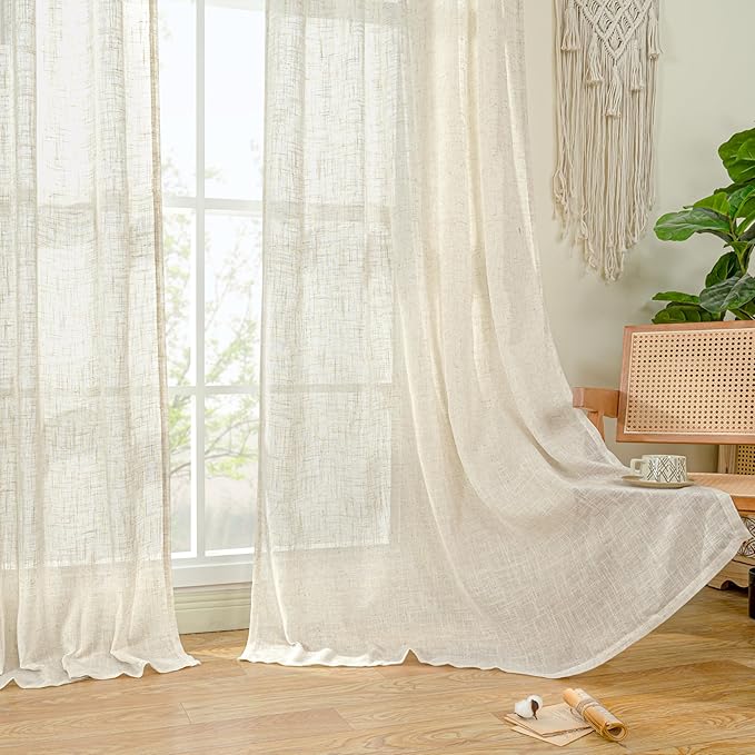 LAMIT 38 Inch Width Semi Sheer Linen Curtains 2 Panels, Cream Ivory Light Filtering Panels Back Tab and Rod Pocket Boho Neutral Drapes for Living Room/Bedroom/Farmhouse, 38 x 84 Inch