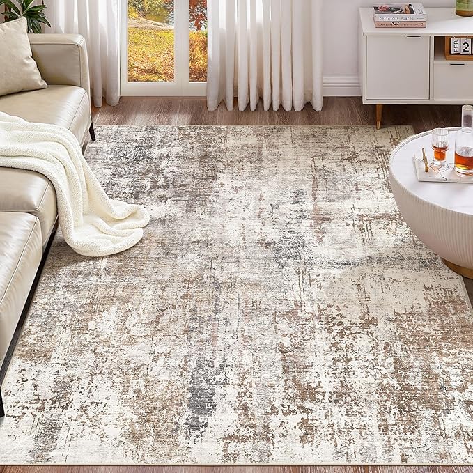 UERMEI Area Rug Living Room Rugs - Washable Neutral Modern Abstract Soft Thin Rug Indoor Floor No Slip Rug Carpet for Bedroom Under Dining Table Home Office Decor - Brown/Grey/Red - 8x10
