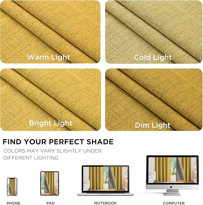 Joydeco Blackout Curtains for Bedroom - 100% Light Blocking 2 Panels Set Yellow Drapes 66" W x 96" L, Thermal Insulated Room Darkening Curtains, Linen Textured for Living Room, Rod Pocket & Back Tabs