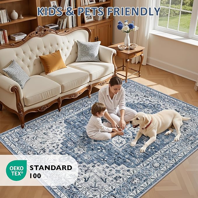 Area Rugs 9x12 Living Room Rug: Washable Rug Soft Vintage Boho Medallion Carpet Indoor Floor Non-Slip Stain Resistant Large Carpets for Bedroom Dining Room Farmhouse Nursery Home Office Blue