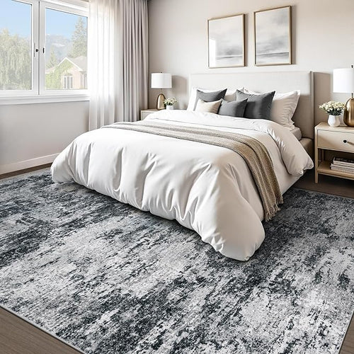 Area Rugs 10x14 Living Room: Washable Rug Modern Abstract Neutral Soft Non-Slip Low-Pile Indoor Large Carpet for Bedroom Dining Room Playroom Home Office (Black Grey, 10'x14')