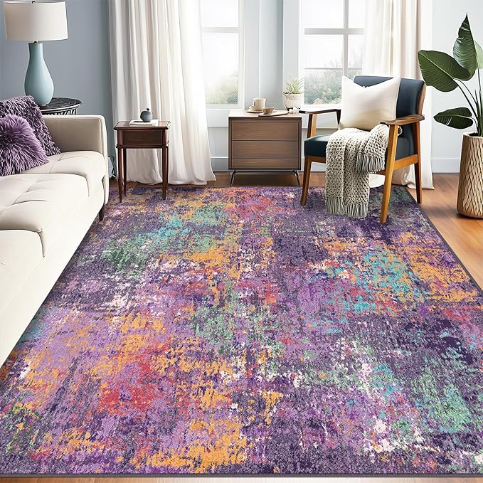 Washable Area Rugs 6'x8' Non-Slip Modern Abstract Soft for Living Room Entryway Bedroom Nursery, Print Pattern, Purple Orange Blue Green Rust Red Colorful