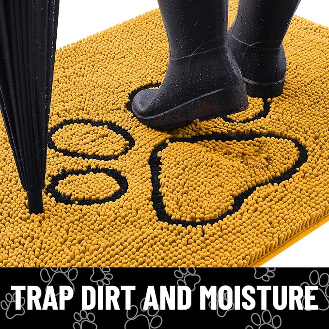 Smiry Dog Door Mat for Muddy Paws, Absorbent Dirt Trapper Non Slip Quick Dry Washable Chenille Mat for Mud Dogs, Entry Rug for Indoor and Outdoor (48x30 Inches, Golden Yellow and Black)