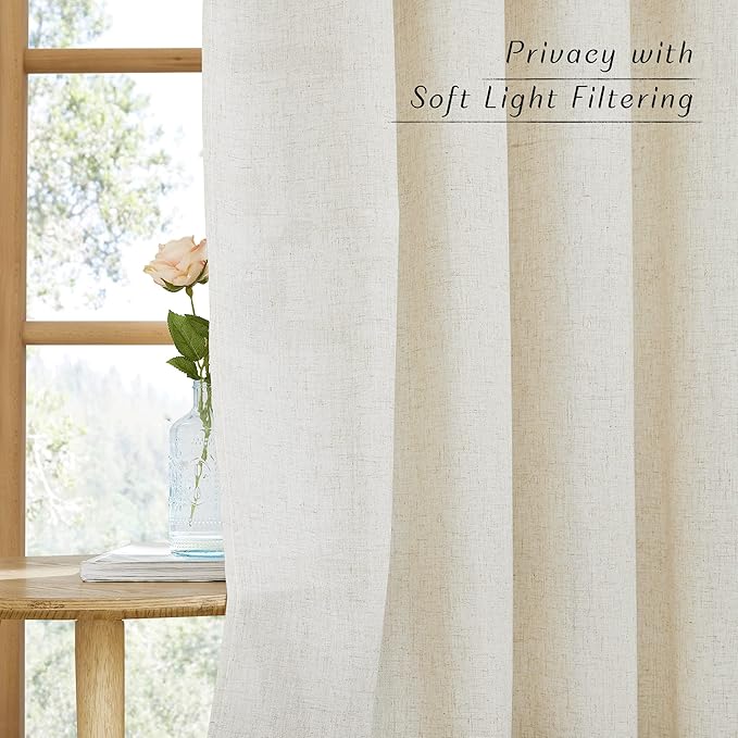NICETOWN Natural Linen Semi Sheer Doorway Curtains, Grommet Top Thick Flax Semi Sheer Vertical Drapes Privacy Assured with Light Filtering for Bedroom/Living Room, W55 x L80, 2 Panels