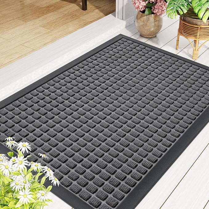 Smiry Front Door Mat Outside Entrance, Heavy Duty Natural Rubber Doormat, Non Slip, Trap Dirt and Moisture, Easy Clean, Low Profile Welcome Floor Mats for Indoor Outdoor Entry, 47x32 Inch, Grey