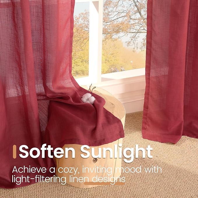BGment Burgundy Linen Curtains 90 Inch Length for Living Room, Long Semi Sheer Window Drapes Textured for Farmhouse Bedroom Dining Rod Pocket Lightweight, 2 Panels, Each 52 Inch Wide