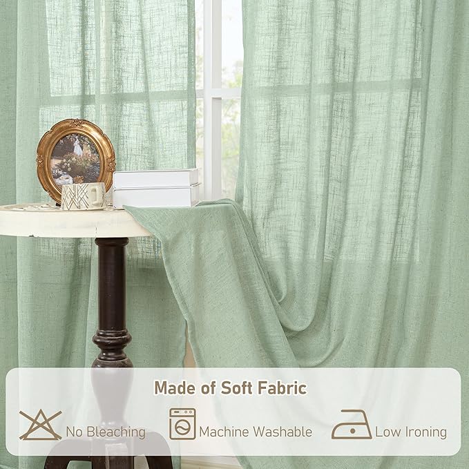LAMIT Fresh Green Linen Curtains for Living Room, 78 Inch Faux Linen Textured Light Filtering Drapes Back Tab and Rod Pocket Boho Panels for Farmhouse/Bedroom/Porch, 52 x 78 Inch, 2 Panels Set