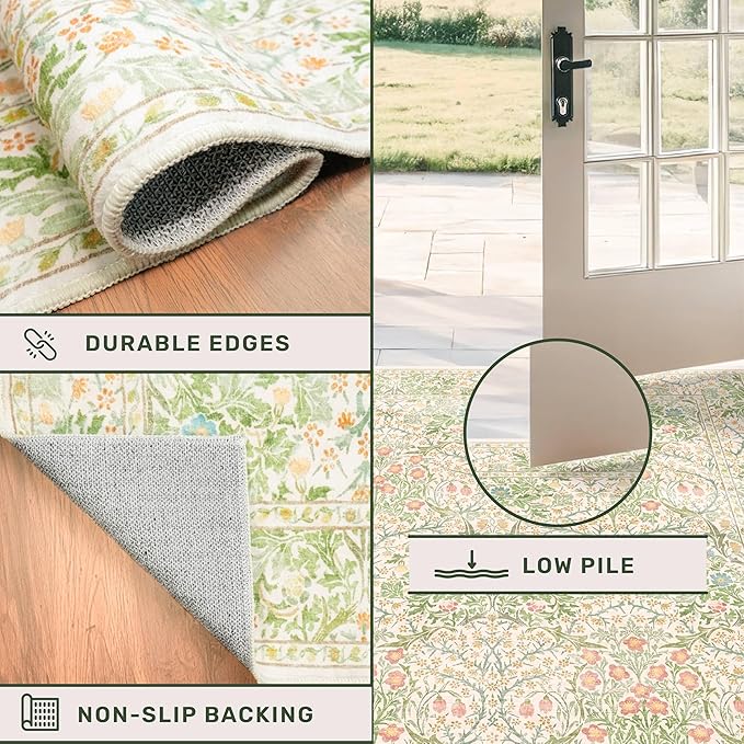 Vintage Beige Green 2'6" x 8' Runner Rug for Kitchen, Hallway, Bathroom, Entryway Indoor, Laundry Room, Washable Non Slip Rubber Backing Stain Resistant