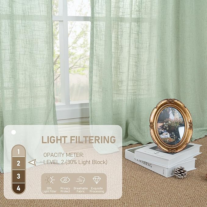 LAMIT Fresh Green Linen Curtains 54 Inch Length, Light Filtering Panels Back Tab and Rod Pocket Neutral Drapes for Living Room/Window/Bedroom, 52 x 54 Inch, 2 Panels