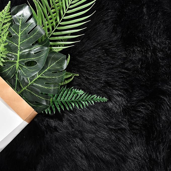 Goolela Black Sheepskin Area Rug 10x12 Fluffy Fuzzy Shag Carpet for Living Room Bedroom Furry Faux Fur Soft Rectangle