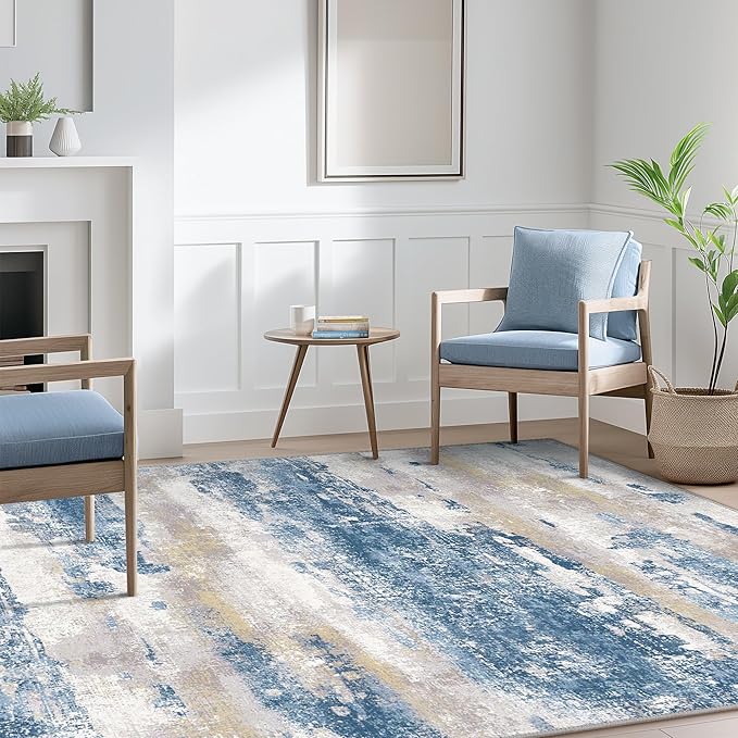 Area Rugs 10x14 for Living Room Bedroom, Modern Abstract Machine Washable Large Blue Cream Rug, Soft Low Pile Floor Carpet with Non Slip Backing for Dining Room