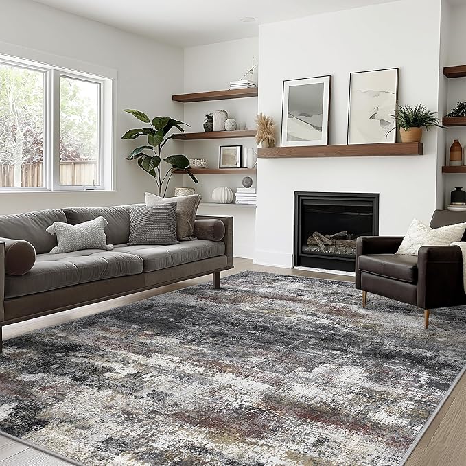 BEIMO Area Rugs 10x14 for Living Room Bedroom, Modern Abstract Machine Washable Large Dark Gray Rug, Soft Low Pile Floor Carpet with Non Slip Backing for Dining Room