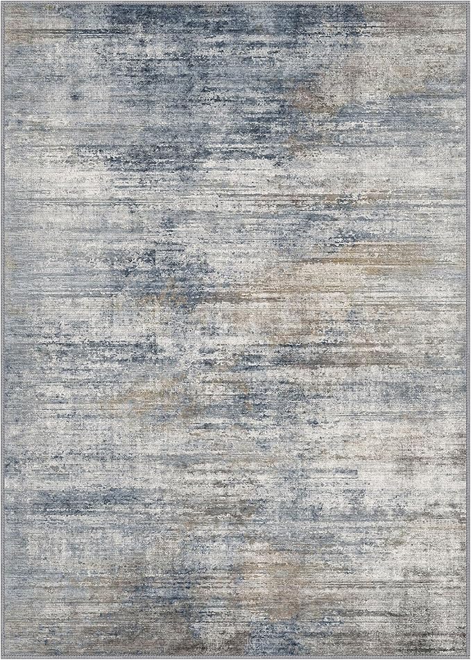 Area Rugs 8x10 for Living Room Bedroom, Modern Abstract Machine Washable Rug, Large Soft Low Pile Floor Carpet with Non Slip Backing for Dining Room, Denim Blue/Taupe