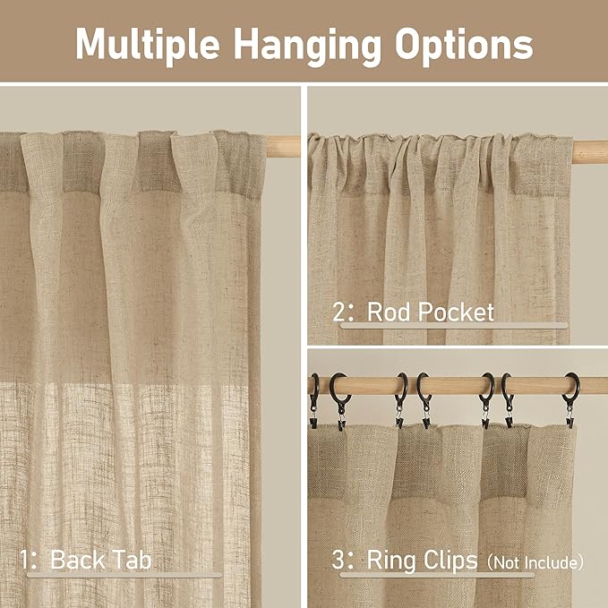 LAMIT Brown Linen Curtains for Bedroom, 72 Inch Length Light Filtering Semi Sheer Panels Back Tab and Rod Pocket Neutral Drapes for Living Room, 2 Panels, 34 x 72 Inch