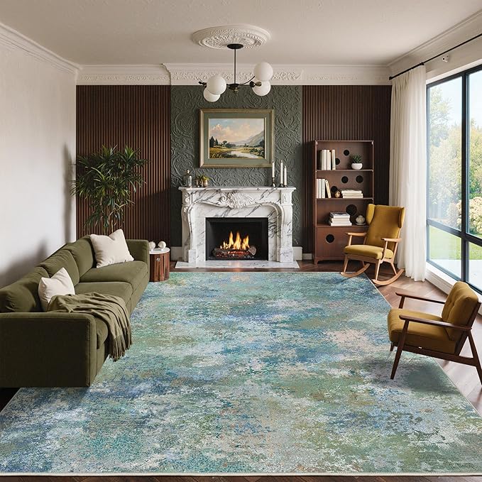 Area Rugs 9x12 for Living Room Bedroom, Modern Abstract Machine Washable Rug, Large Soft Low Pile Floor Carpet with Non Slip Backing for Dining Room, Blue Green