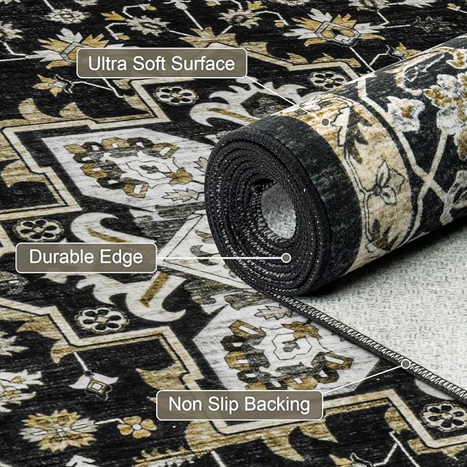 Hallway Runner Rug Non Slip - Washable 2.6x8 Kitchen Rugs for Living Room, Low-Pile Soft Bedroom Rug Indoor Floor Stain Resistant Carpets for Entryway, Laundry, Bathroom Black Gold