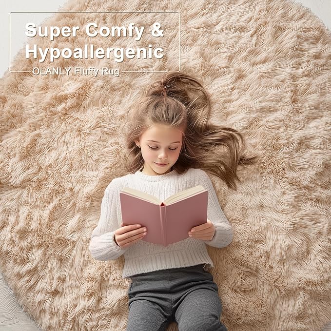 OLANLY Beige Round Rugs for Bedroom - Machine Washable, 4 ft Circle Area Rugs for Living Room, Soft and Fluffy Shaggy Carpet for Teen Girls and Boys, Nursery Rooms, Dorms, Home Decor Aesthetic