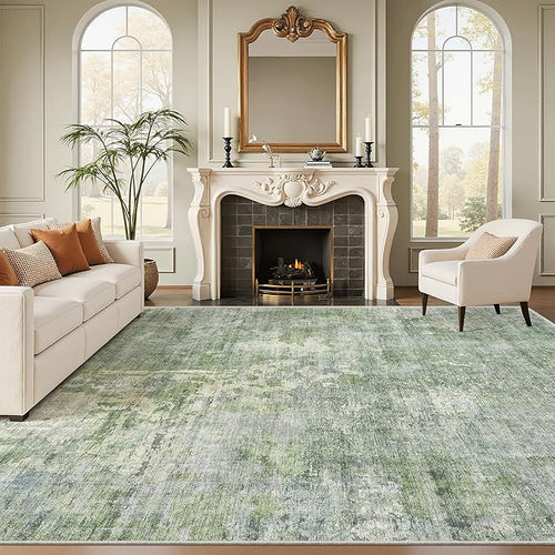 Abstract Rug 8x10 Large Living Room Rugs Neutral Modern Washable Area Rugs for Bedroom Dining Room Non-Slip Stain Resistant Foldable Thin Rug Green