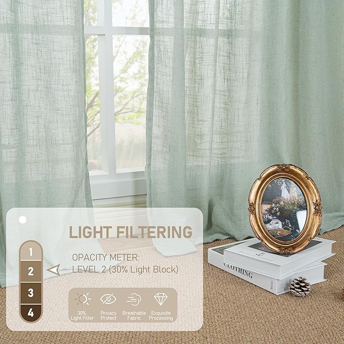 LAMIT 54 Inch Semi Sheer Window Linen Curtains, Light Filtering Panels Back Tab and Rod Pocket Neutral Drapes for Bedroom/Living Room, Light Sage, 2 Panels, 34 x 54 Inch