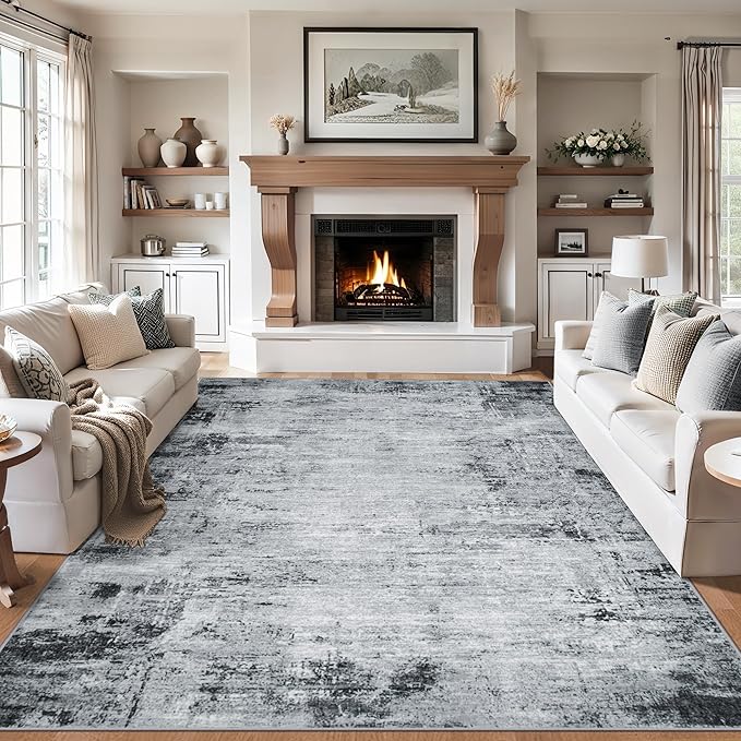 Area Rugs 10x12 Living Room - Washable Rug Modern Abstract Soft Large Neutral Non-Slip Carpet Indoor Floor Thin Carpets for Bedroom Dining Room Farmhouse Nursery Home Office Black
