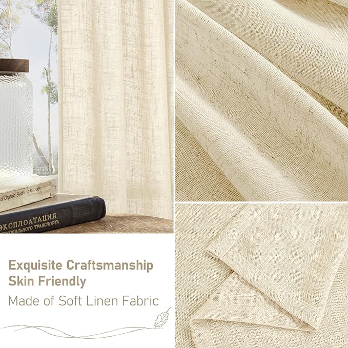 LAMIT Beige Linen Curtains 63 inches Long, Light Filtering Linen Textured Semi Sheer Back Tab and Rod Pocket Boho Drapes for Bedroom/Living Room, 2 Panels, 70 x 63 Inch