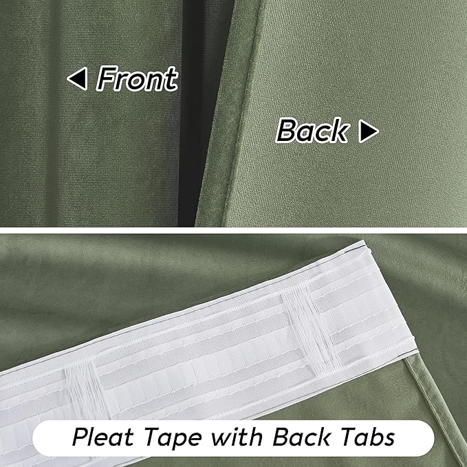 RYB HOME Sage Green Velvet Curtains with Hook Tape, Thermal Insulated Privacy Protect Decorative Drapes for Bedroom Dining Room, W 62 x L 96 inches, 2 Panels Set
