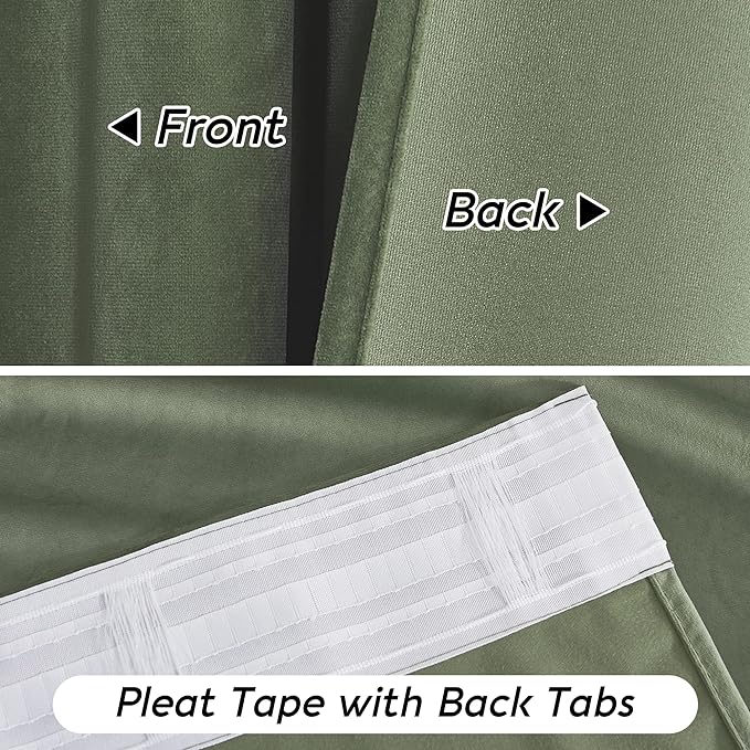 RYB HOME Sage Green Velvet Curtains 96 inch, Room Darkening Super Soft Velvet Drapes for Living Room Thermal Insulated Pleat Tapes Window Treatment for Bedroom Playroom, W52 x L96 inch, 2 Panels
