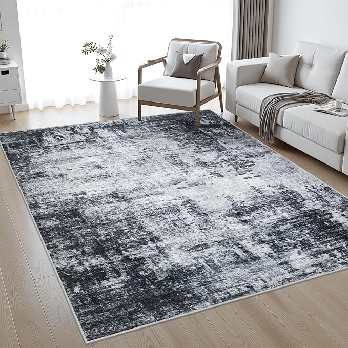 10x14 Area Rug Living Room Rug: Washable Modern Abstract Soft Thin Rug Indoor Floor No Slip Stain Resistant Carpet for Bedroom Dining Room Farmhouse Nursery Home Office - Dark-Black