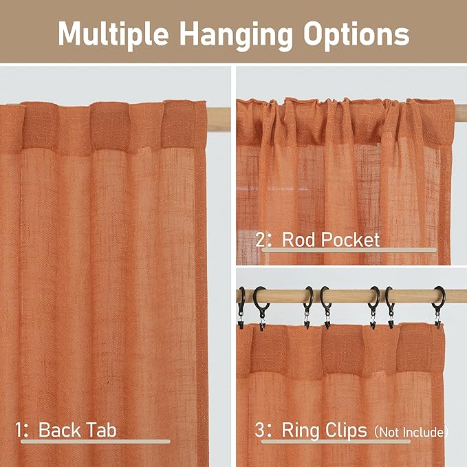 LAMIT Linen Curtains 48 Inch Length 2 Panels, Light Filtering Panels Back Tab and Rod Pocket Country Decor Drapes for Kitchen/Window/Loft Room/Bedroom, 34 x 48 Inch, Burnt Orange