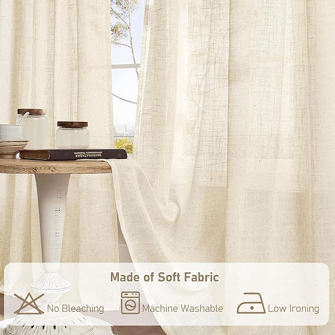 LAMIT Extra Wide Linen Curtains for Bedroom, Natural Light Filtering Faux Linen Textured Panels Semi Sheer Back Tab and Rod Pocket Boho Drapes for Living Room/Farmhouse, 2 Panels, Beige, 60 x 84 Inch