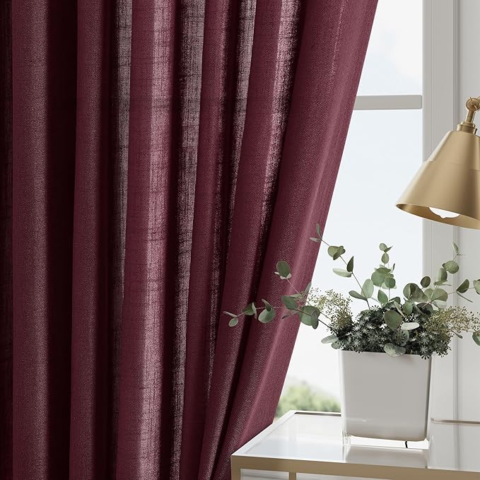Burgundy Linen Curtains 63 Inches Long 2 Panel Sets for Living Room Bedroom Rod Pocket Back Tab Light Filtering Drape for Kitchen Window Short Protect Privacy Curtain Modern Farmhouse Decor 52x63