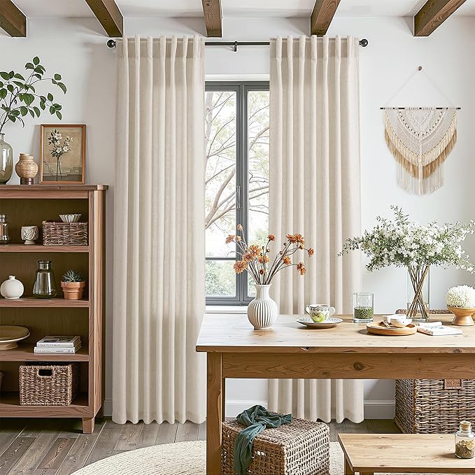 Boho Linen Curtains for Living Room 100 Inches Long Light Filtering Semi Sheer Curtain Back Tab Boho Eclectic Home Decor Elegant Luxury Farmhouse Drapes for Bedroom Dinner Room 52x100, 2 Panels
