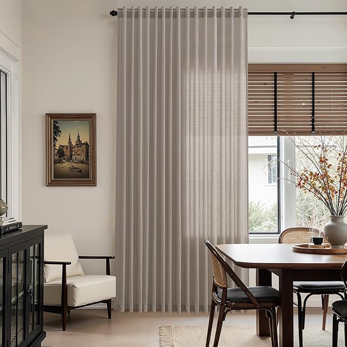 Nanspring 102 Inch Long Curtains for Living Room Stone Beige Linen Light Filtering Semi Sheer Curtain Back Tab Simple Modern Floor to Ceiling Farmhouse Drapes for Bedroom Office 52x102, 2 Panels