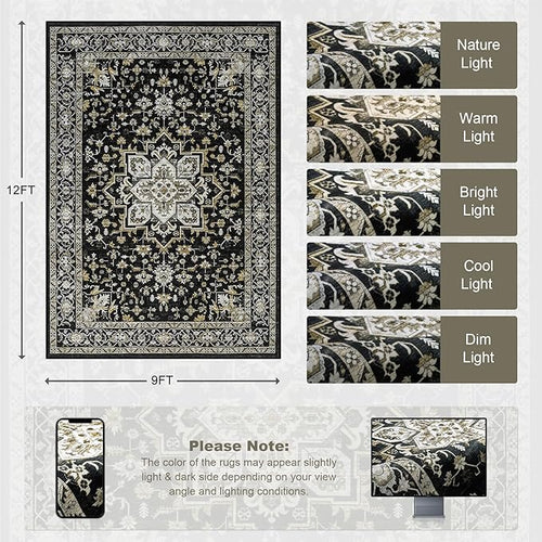 Area Rugs 9x12 Living Room Rug: Washable Rug Soft Vintage Boho Medallion Carpet Indoor Non-Slip Stain Resistant Large Carpets for Bedroom Dining Room Farmhouse Nursery Home Office Black Gold
