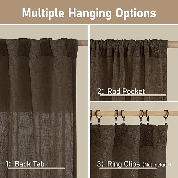 LAMIT 54 Inch Length Linen Curtains for Small Window, Semi Sheer Light Filtering Panels Back Tab and Rod Pocket Neutral Drapes for Bedroom, Dark Brown, 2 Panels, 34 x 54 Inch