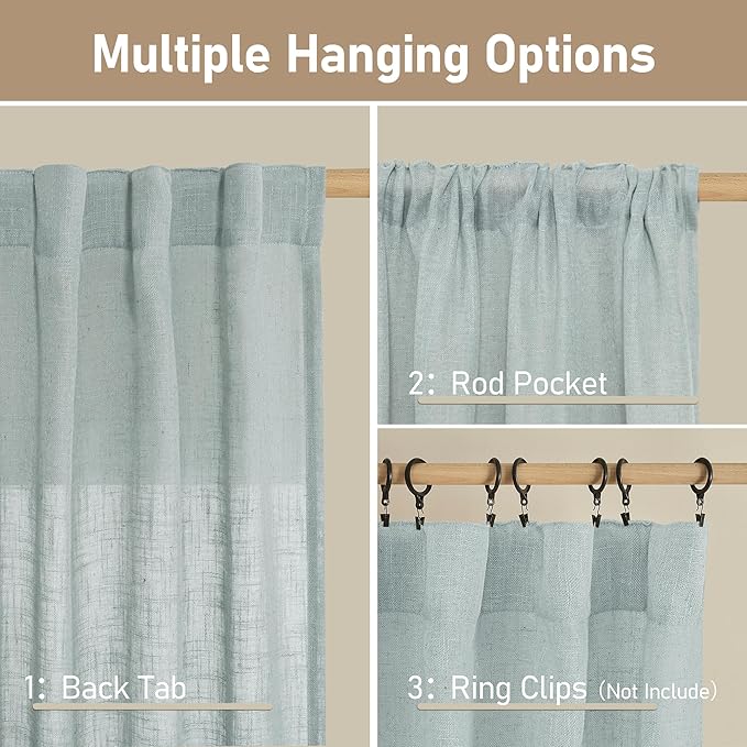 LAMIT Faux Linen Curtains 63 inches Long for Bedroom, Back Tab and Rod Pocket Linen Drapes Light Filtering Semi Sheer Curtains for Small Window/Farmhouse, 2 Panels (52 x 63 Inch, Greyish Blue)