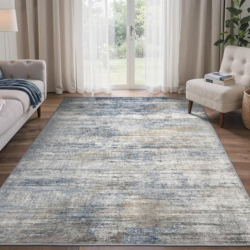 Area Rugs 8x10 for Living Room Bedroom, Modern Abstract Machine Washable Rug, Large Soft Low Pile Floor Carpet with Non Slip Backing for Dining Room, Denim Blue/Taupe