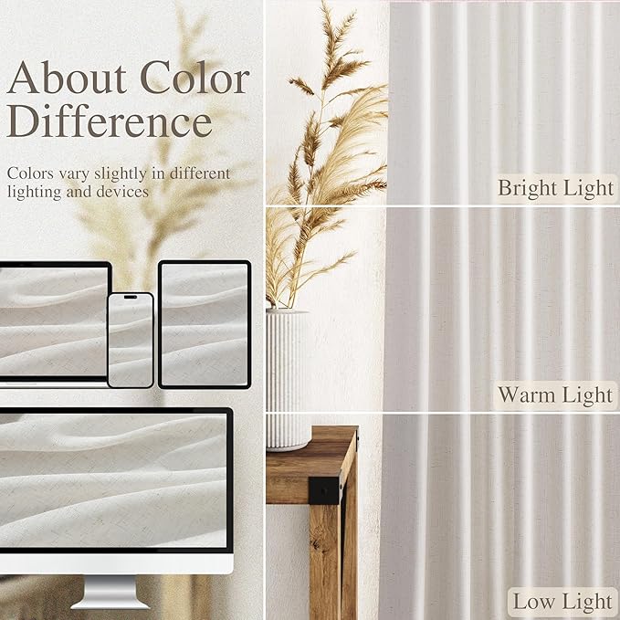 Nanspring Natural Linen Curtains for Living Room 94 Inches Long Rustic Farmhouse Decor Light Filtering Semi Sheer Curtain Back Tab and Rod Pocket Luxury Drapes for Bedroom Office 52x94, 2 Panels