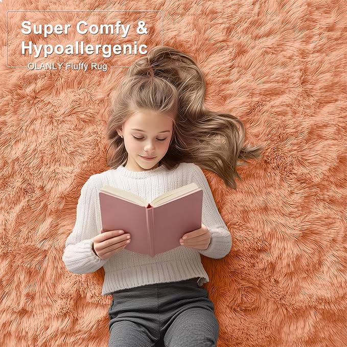OLANLY 9x12 Machine Washable Large Area Rugs for Living Room, Bedroom, Soft Fluffy Shaggy Bedside Rug, Indoor Floor Carpet for Kids Girls and Boys, Dorms, Nursery, Home Decor, Muted Orange